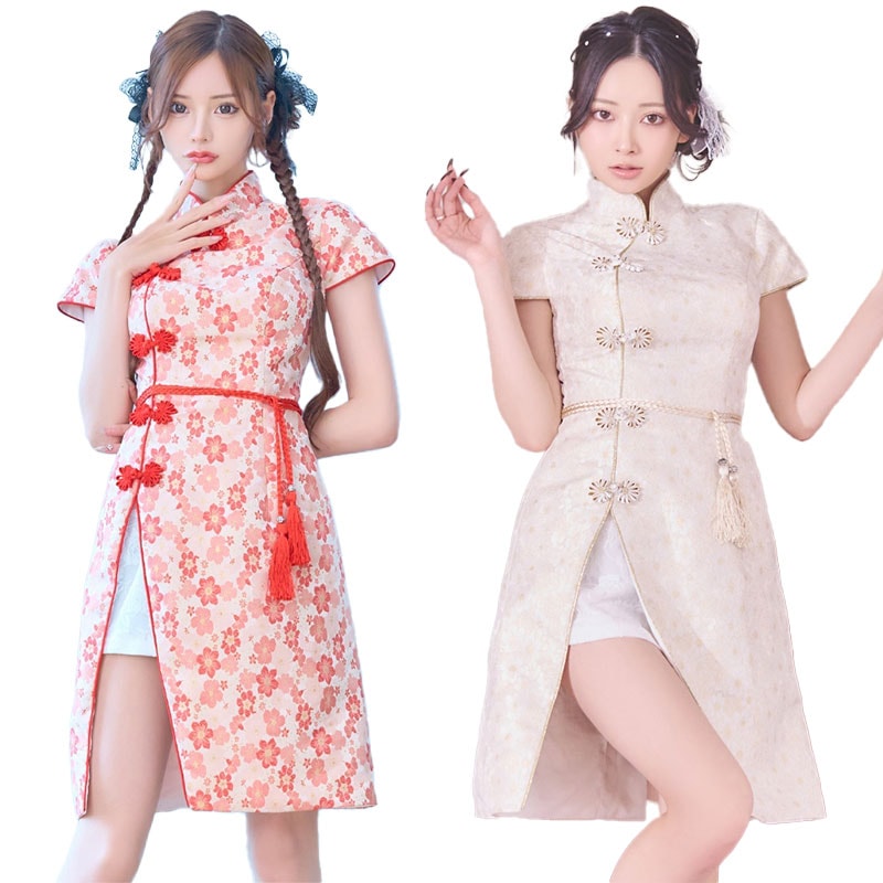 【SMLサイズ/2カラー/3点セット】スリット 美胸 花柄 美脚 チャイナドレス チャイナ服 ミニ コスプレ イベント キャバドレス [1360]