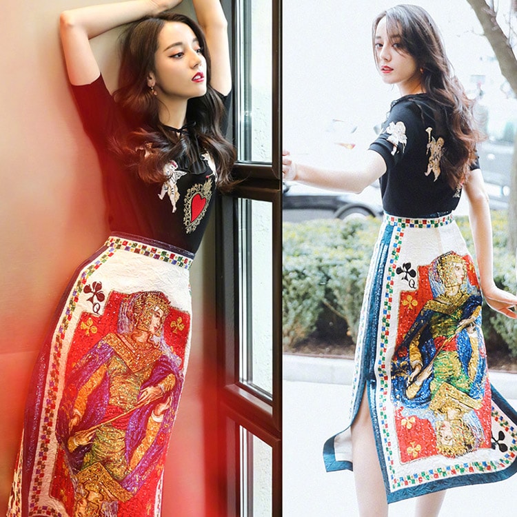 刺繍トランプスカート ミディアムスカート スカート ハイウエスト サイドスリット スパンコール　刺繍