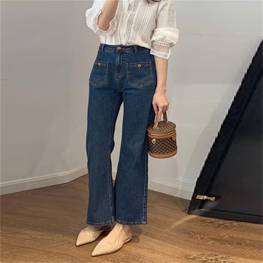 パンツ ボトム デニムパンツ ロング ロング丈 マキシ マキシ丈 ボタン 装飾 ポケット ハイウエスト デニム ブルーデニム かわいい 大人可愛い 大人女子 綺麗 シンプル カジュアル