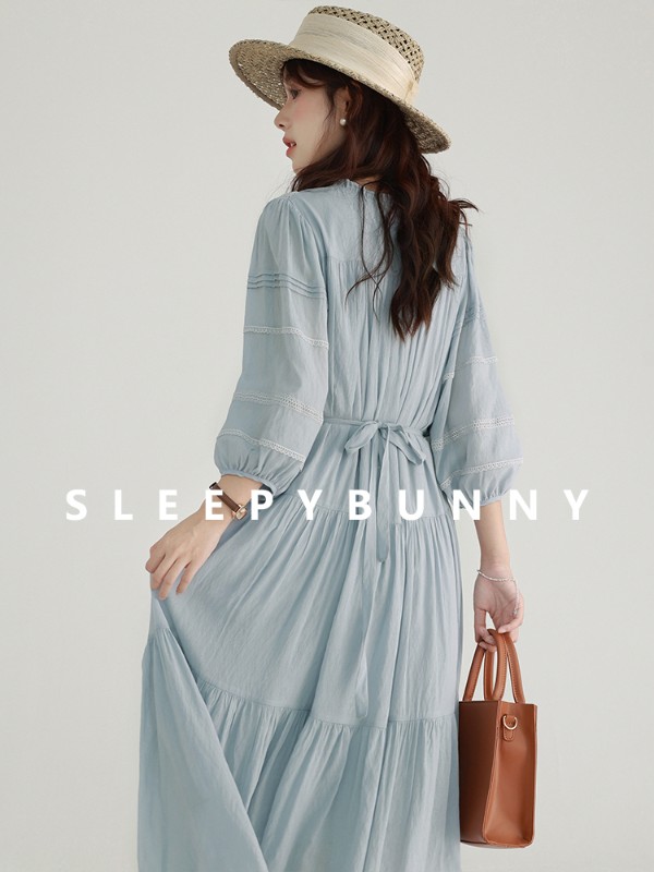 Sleepy Rabbit「月夜の森」七分袖ドレス 牧歌的な森風 ドレープレース ハイウエスト ロングスカート