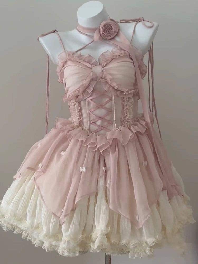 コスプレ ピンク ジェントル バレエスタイル ロリータ ワンピース JSK ドレス ポンチョ プリ