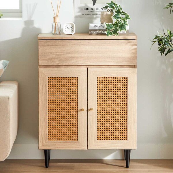 ラタン調ルーターキャビネット ナチュラルオーク 組立品