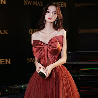 カラードレス 編み上げ ワインレッド リボン パーティードレス ロングドレス 結婚式 二次会 発表会 演奏会 ウェディングドレス ウエディングドレス 赤 チュール イブニングドレス コンサート コンク 8,628円