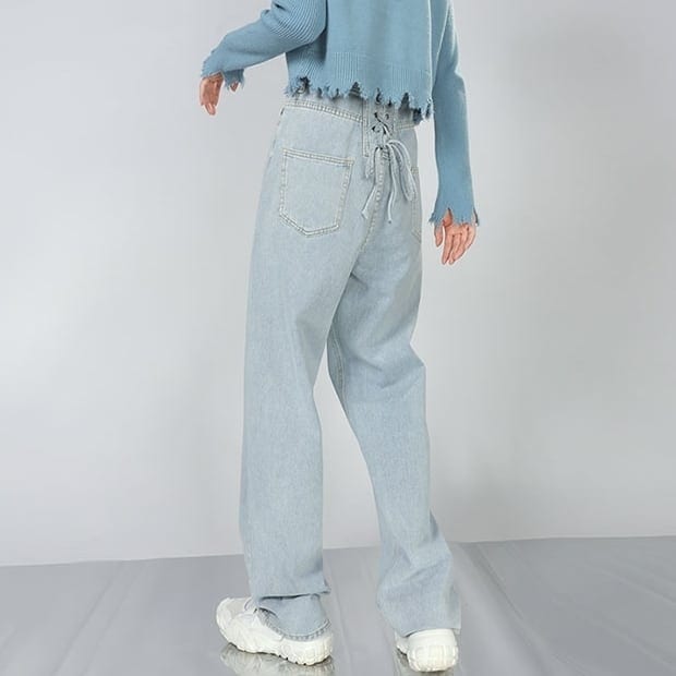 ワイドパンツ ジーンズ 長ズボン フレア ジーパン セミフレア パンツ レースアップ ハイウエスト ヴィンテージ風 ストレッチ ロング ワイドパンツ ストレッチ 美脚 動きやすい 韓国 lbot038