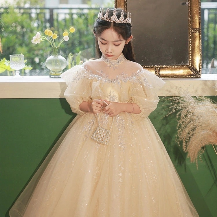 子供ドレス シャンパン色 ピアノ発表会ドレス ロングドレス 立ち襟 刺繡花柄 スパンコール キレイめ 女児ドレス 演奏会ドレス ハイネック パフスリーブ フレア フリル プリンセスドレス キッズドレス