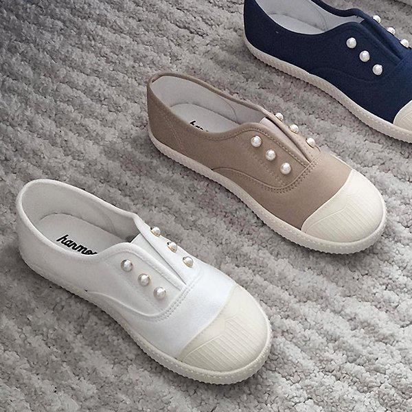 [シューズ] 真珠飾りパンチング 女性 レディース スリッポン スニーカー 1cm/4色 sjaw-pearlben