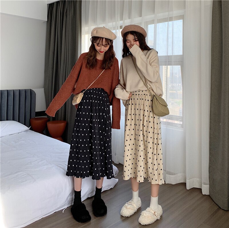 2色 スカート ボトムス 春 秋 きれいめ カジュアル かわいい レディース ストレートパンツ フレアスカート 膝下 ミディアム丈 ミドル丈 柄 ドット柄 水玉 ウエスト ゴム シフォン ブラック 春