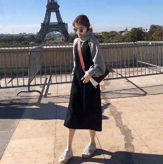 【送料無料】レディース バイカラー スウェット ワンピース ミモレ丈 ロング 長袖 トレーナー