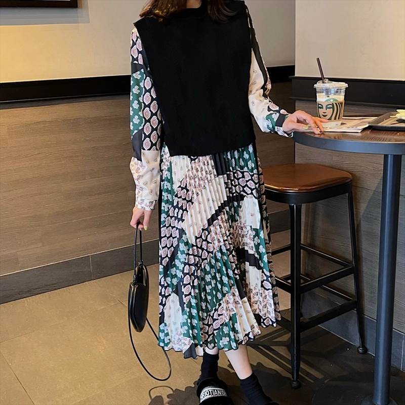 ワンピース プリーツ シフォン ワンピ ペイズリー柄 ロング丈 長袖 黒 レディース ニット ベスト かっこいい おしゃれ 大人 ワンピ ドレス カジュアル ラウンドネック M L XL 2XL 3X