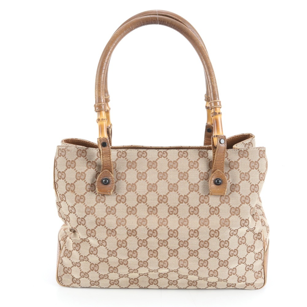 美品 GGキャンバス バンブー 112526 レザー×キャンバス トート バッグ 肩掛け ショルダー ハンド 本革 ブラウン 茶色 レディース REM DM26-4 中古