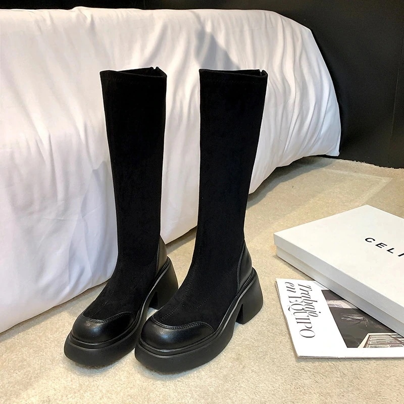 2025秋冬新作 靴 百合ハイヒールでスリムに レトロショートブーツ 太ヒールスクエアチェルシーブーツ 韓国ファッション ロングブーツが復活！厚底シューズ レディース
