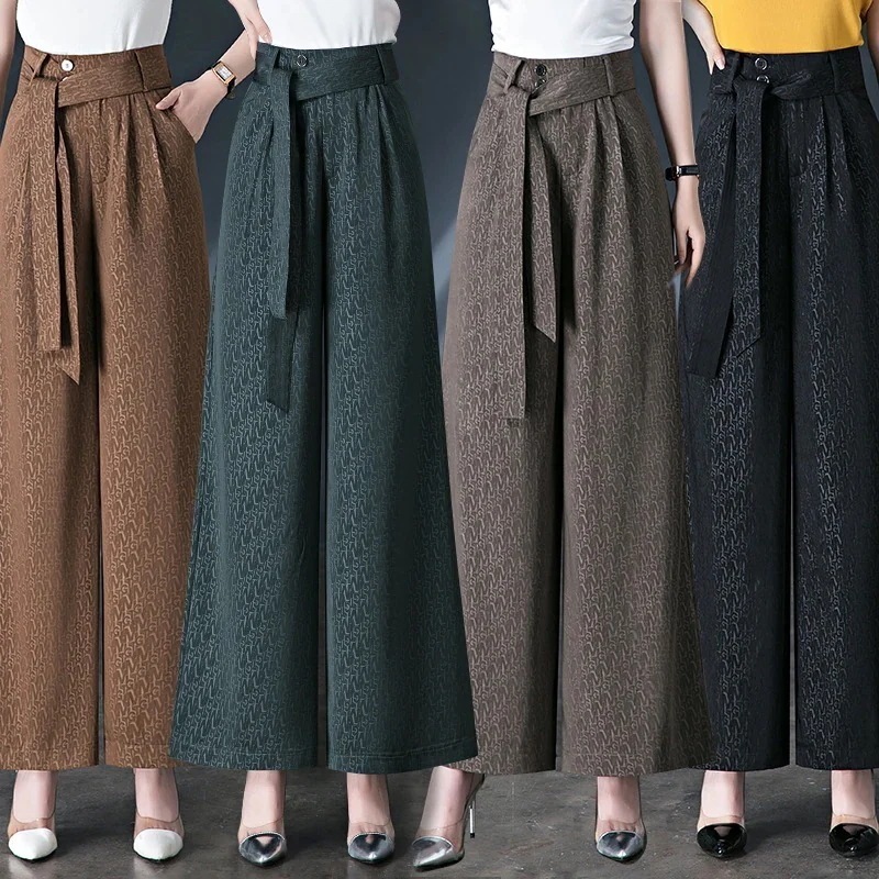 【新品】アイスシルク ハイウエスト ワイドレッグパンツ ジャガード カジュアルパンツ レディース 薄手 新品中年 レディース パンツ ドレープ ゆったり パンツ