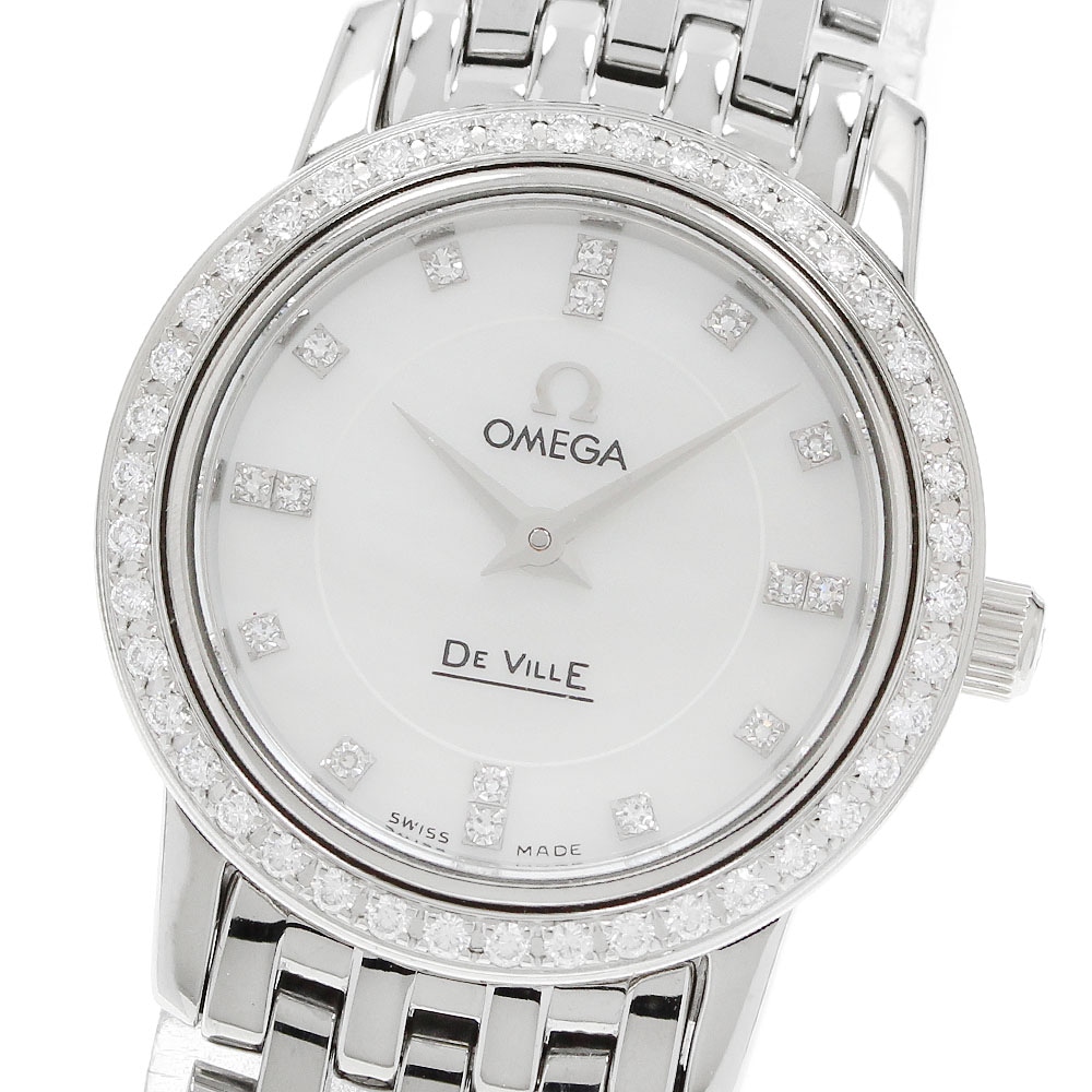 オメガ OMEGA 4575.75 デビル プレステージ 16P ダイヤベゼル シェル文字盤 クォーツ レディース 良品 保証書付き_962099【中古】