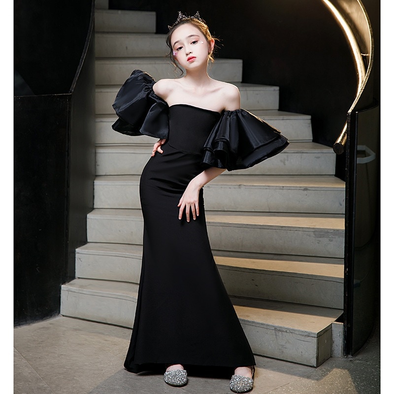 【2枚購入で 3oo円OFF】子供用ドレス2025ピアノを演奏するブラックテールショーロングチルドレンズドレスホストドレス