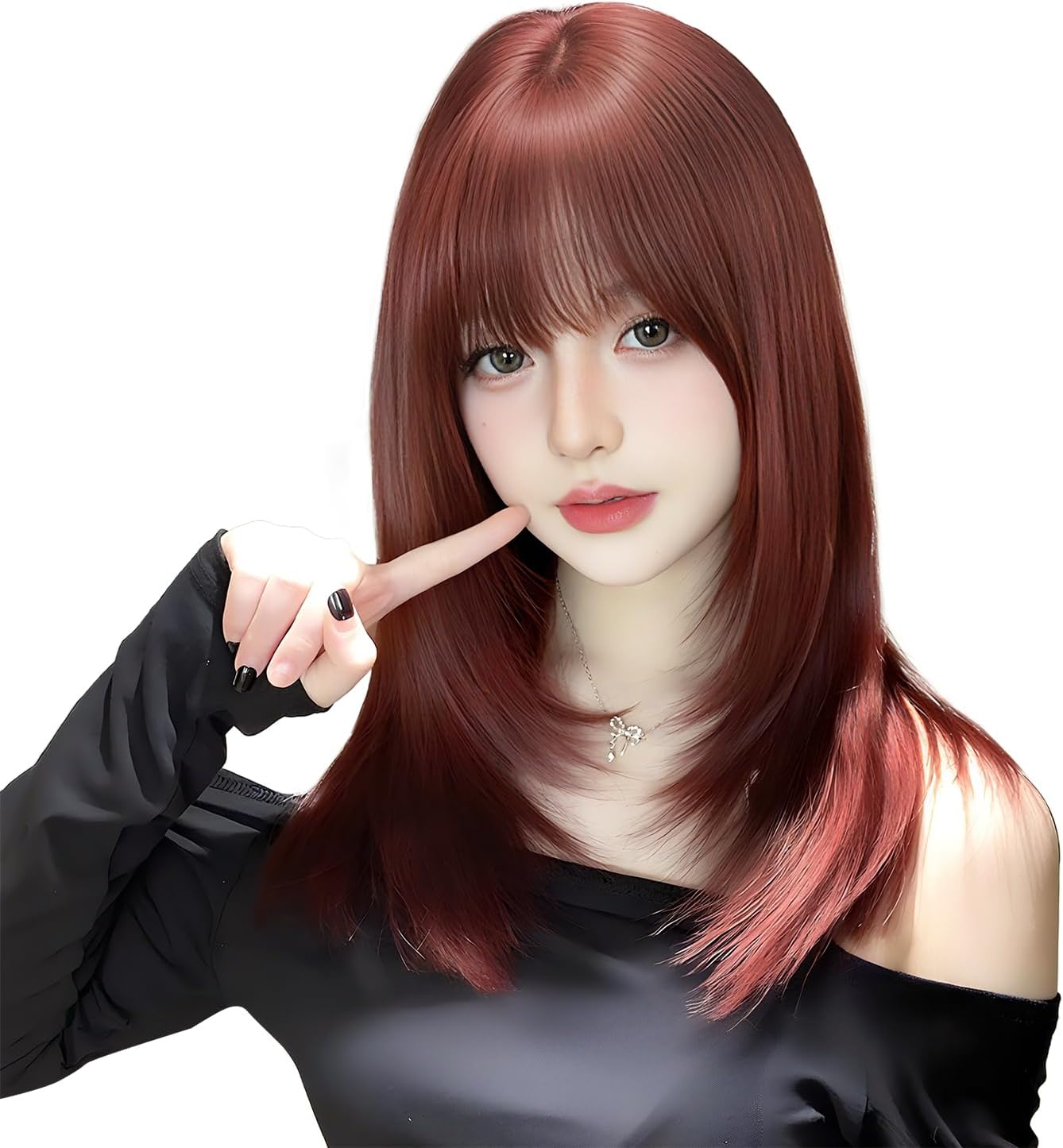 ロングストレートウィッグ レイヤーカット 耐熱 ネット・櫛付き ローズレッド