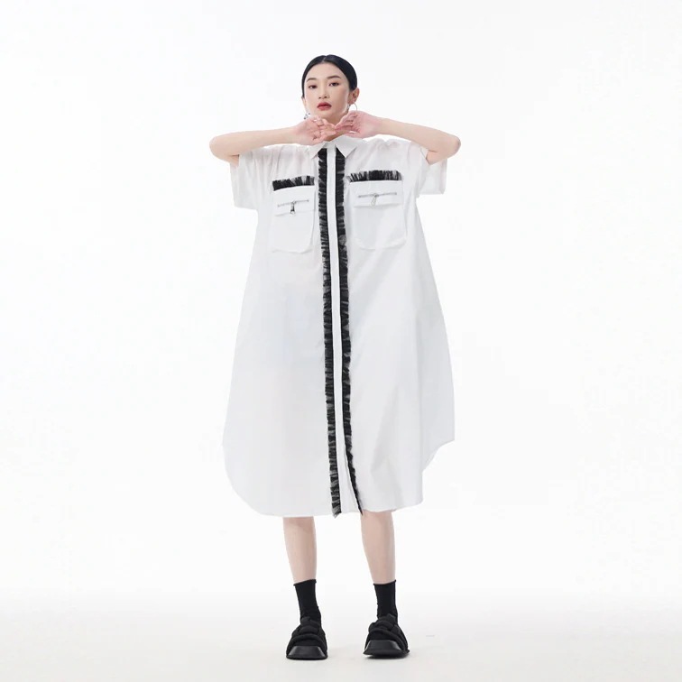 日韓シャツ ワンピース 半袖木耳縁ロングワンピース 若見え大きいサイズ韓国ワンピース