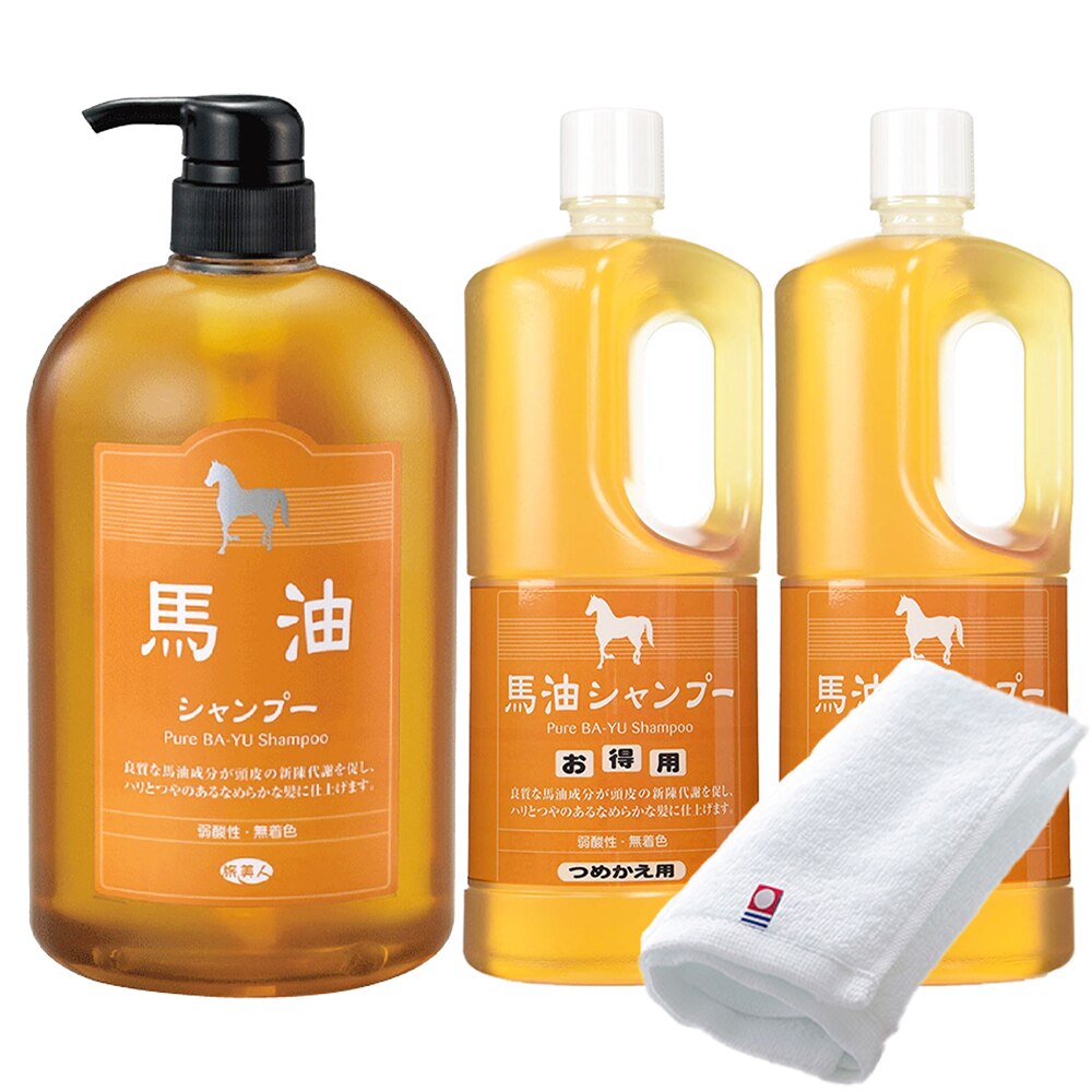 正規販売代理店 定価より10%OFF 馬油セット 馬油シャンプー 1本 馬油シャンプー詰め替え 2個 各1000ml 詰め替え用 今治タオル付き 馬油 シャンプー トリートメント 大容量 旅美人
