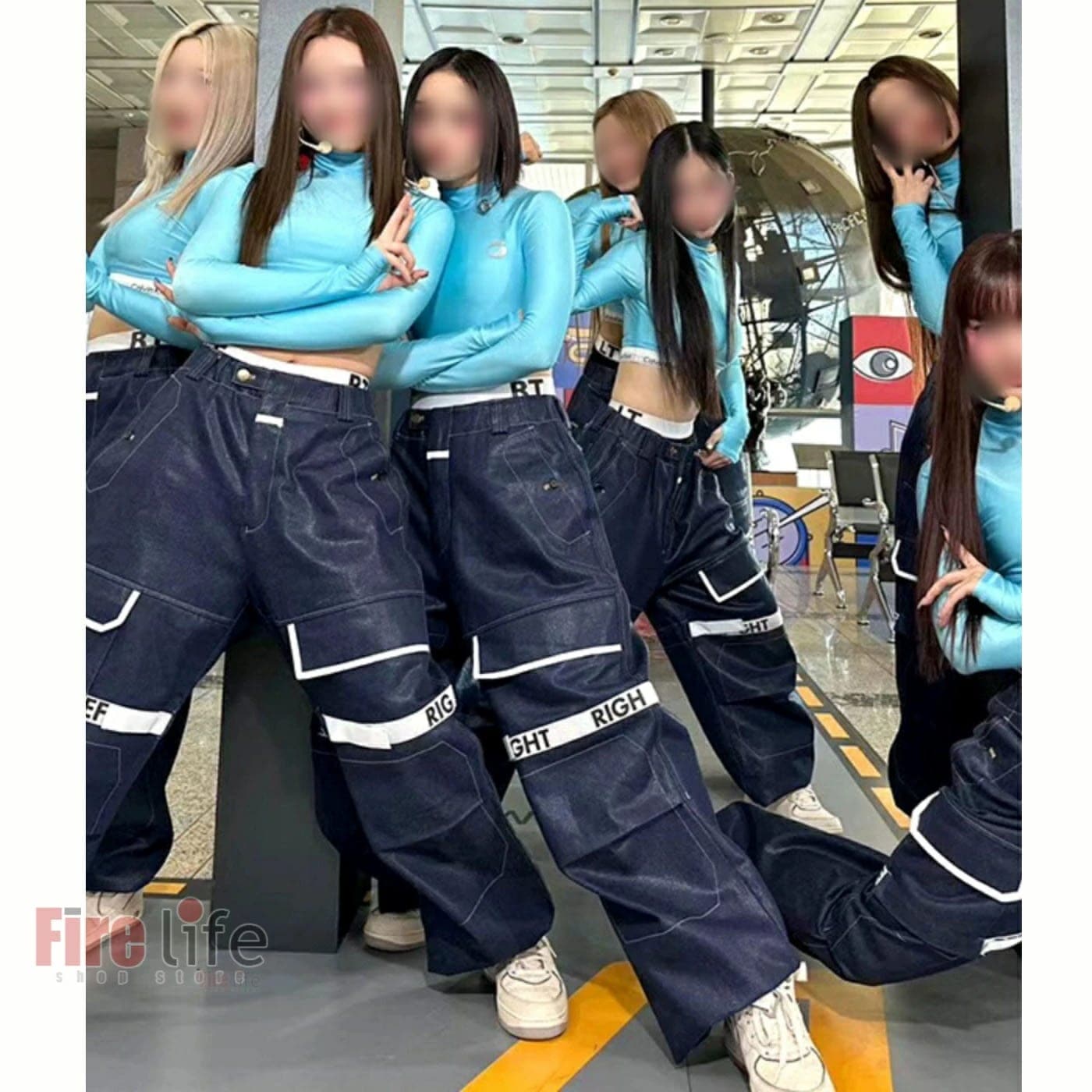 ダンスウェアセール 韓国 アイドル 衣装 大人 ダンス衣装 ジャズダンス セットアップ レディース 舞台衣装 レザーパンツ カーゴパンツ スカイブルー 長袖トップス へそ出し ガールズ キッズダンス衣