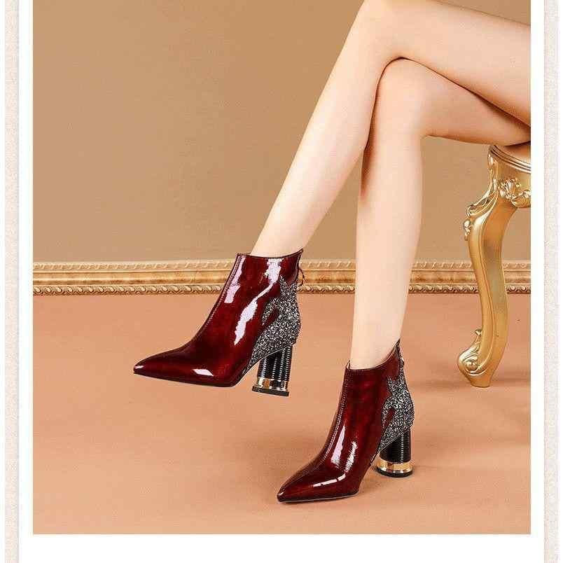 ショートブーツ 黒 ブーツ 大きいサイズ チャンキーヒール 太ヒール レディース 美脚 ブーティ ブーティー エナメル 防水 防滑 ハイヒール歩きやすい 痛くない