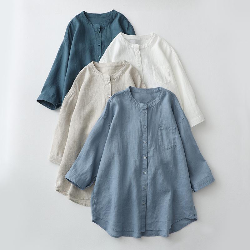 シャツ 綿麻 レディース 七分丈袖 シンプル ブラウス チュニック 着痩せ 体型カバー トップス きれいめ 夏 春服