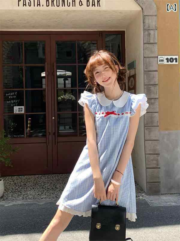 スカート　ドレス　ノースリーブ singirl ココナッツ クラウド クリーム 夏の新 スタイル 小さい フライング スリーブ ブルー チェック 柄 美しい ミディアム 丈 ドレス