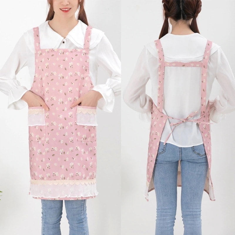 竹綿フレッシュ防汚サスペンダーエプロン小花袖家庭用キッチン防油フリーサイズエプロン同梱可能
