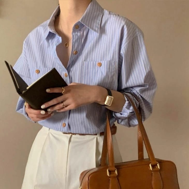 【2025新作 急速出荷】長袖 ストライプ シャツ レディース 春 秋 トップス 羽織り ライトアウター ボーイズライク シャツブラウス 開襟 開襟シャツ ブルー 青 カジュアル きれいめ シンプル