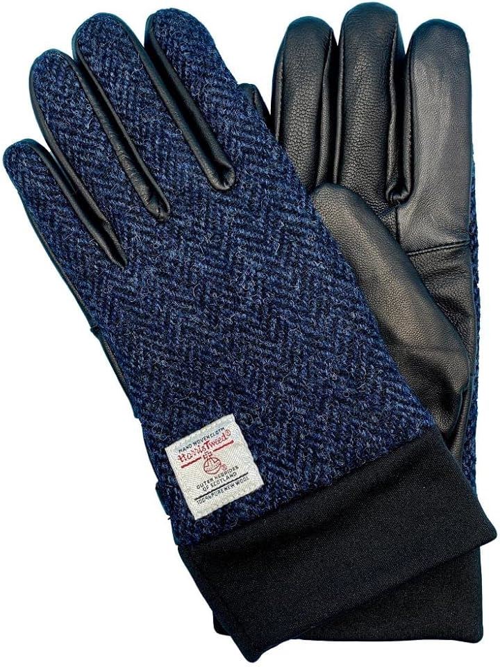 ハリスツイード HARRIS Tweed x羊革手袋 メンズ ストレッチカフス スマホ対応 裏ボア HBGL010 NVH(ネイビーへリンボン, M)