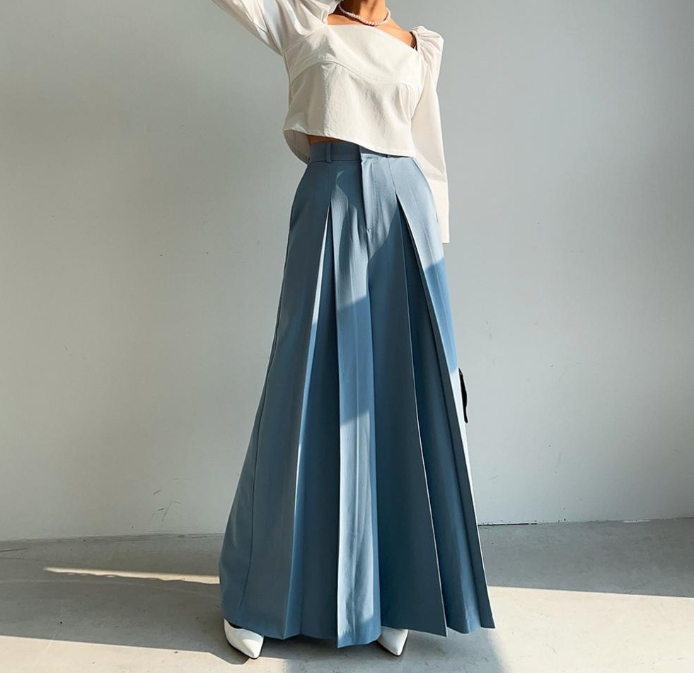 ワイドレッグ パンツ ハイウエスト プリーツ ドレープ ストレート 韓国 レディース オルチャン ボトムス ロング ロング丈 マキシ マキシ丈 フレア セミフレア ワイド かわいい
