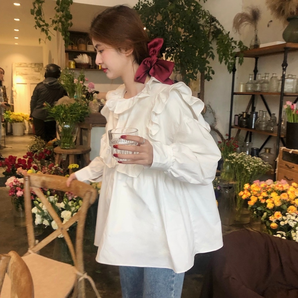 レディース トップス ブラウス フリル キュート ゆったり ガーリー 体型カバー かわいい 大人かわいい レトロ 清楚 上品 きれいめ 長袖 ホワイト イエロー 白 黄色 20代 30代 40代
