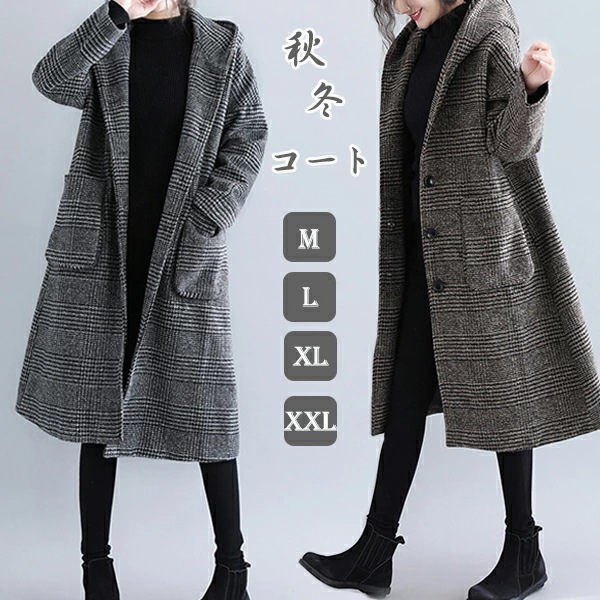 チェスターコート レディース トレンチコート チェック柄 千鳥格子 フード付き ロングコート ミモレ丈 大きいサイズ レディース ロングアウター ロング チェスター 春秋 オーバーサイズ コート 秋服
