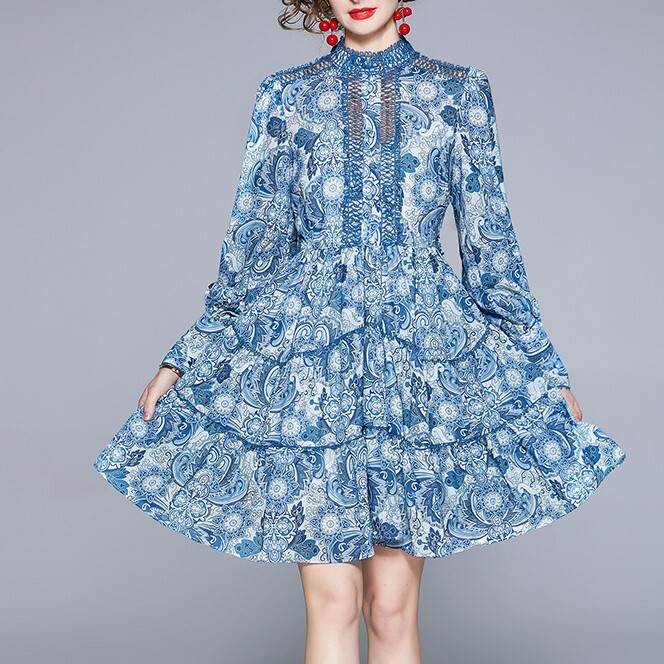 ワンピース ドレス ワンピ パフスリーブ 長袖 ロングスリーブ ブルー フリル レトロ 今風 かわいい