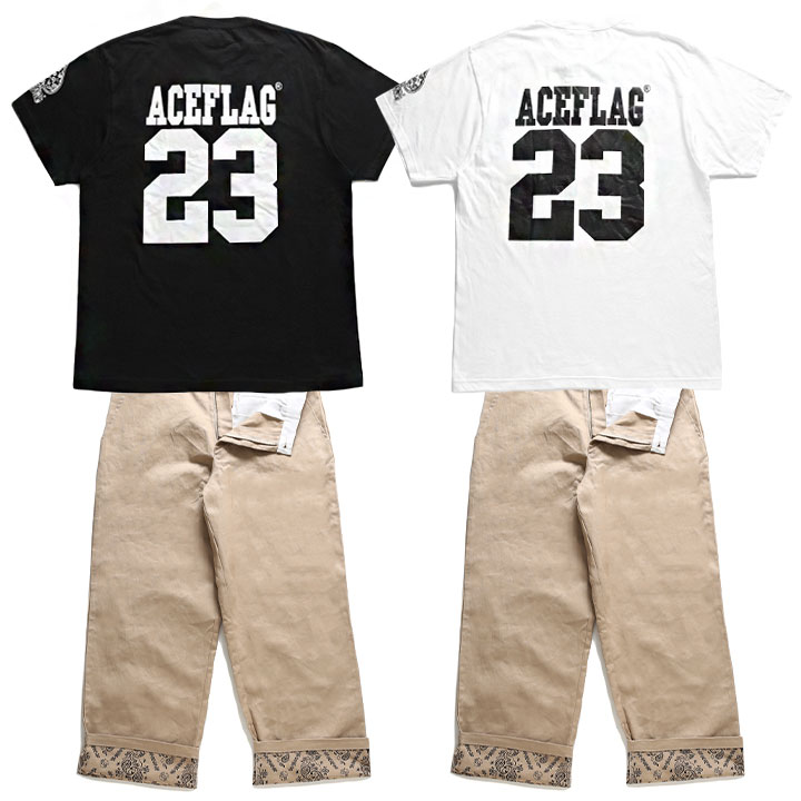 ACE FLAG 上下セット 半袖 Tシャツ チノパン ロングパンツ セットアップ メンズ 春夏用 黒/白 大きいサイズ エースフラッグ おしゃれ 背番号 23