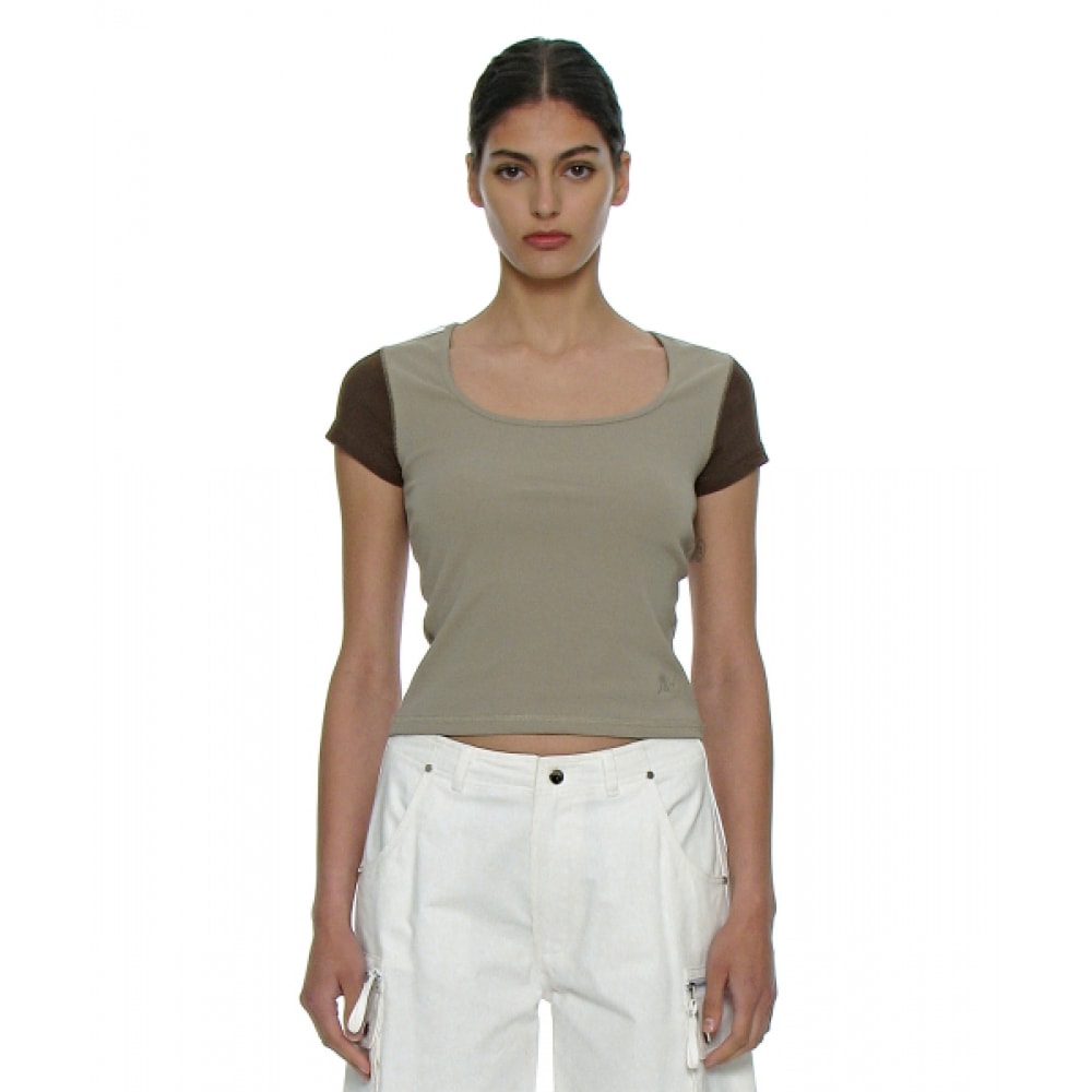 PARTIMENTO レディースカットアウトスクープネック半袖Tシャツ_カーキ