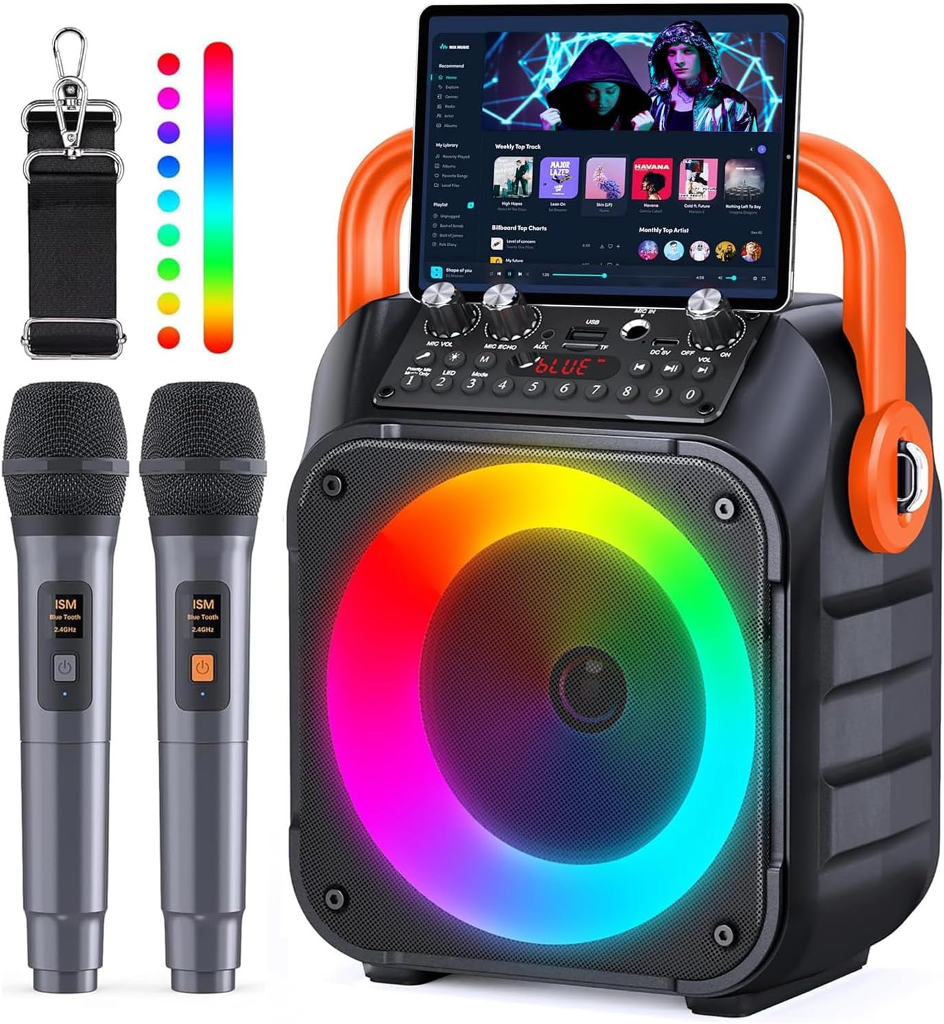 カラオケセット 拡声器 スピーカーセット 家庭用 ワイヤレスマイク２本 Bluetooth 5.0 カラオケマイク 小型 PAセット カラオケ マシン ポータブルスピーカー SDカード USB AUX