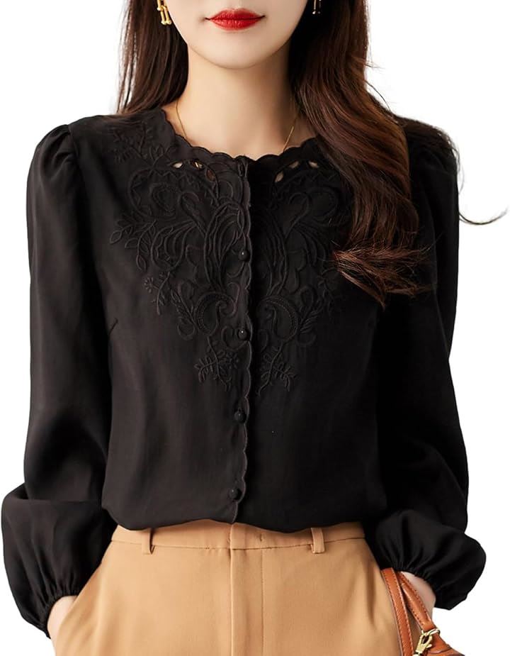 刺繍シフォンブラウス パフスリーブ デザインボタン トップスレディース オフィスカジュアル 痩せ見え 通気性 ボタニカル(ブラック, L)