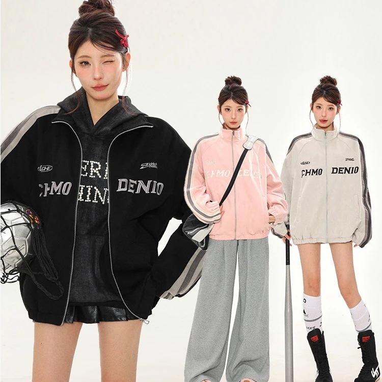 2025春夏 韓国 かわいい レディース ハイネックスタンドネックアウター ブルゾンお出かけ黑長袖セクシーシルエットトップスサイドカジュアルファッション系ベースボールサイズフルトラック
