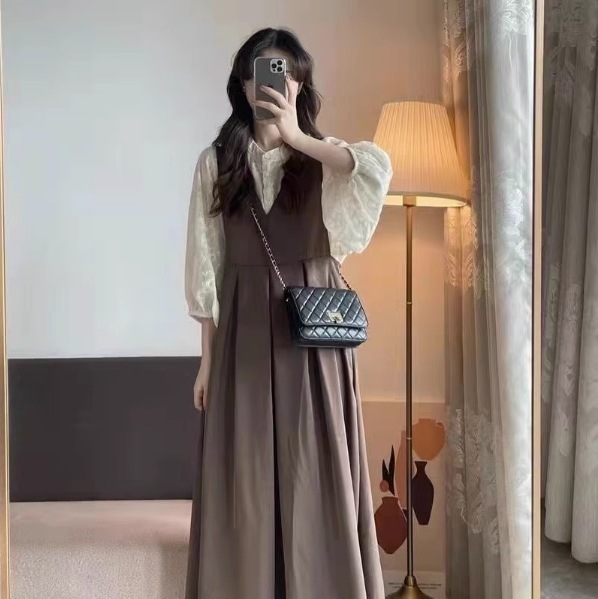 セットアップ 2点セット ツーピース サスペンダースカート トップス ワンピース シャツ ブラウス ロング ロング丈 袖あり 7分袖 七分袖 レース 快適 着心地 上下セット お得 かわいい