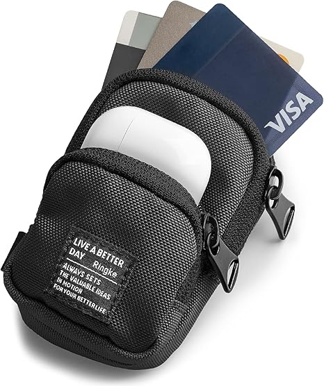 【Ringke】MINI POUCH TWO POCKET イヤホンケース ICカード 現金 コイン入れ イヤホンポーチ ミニポーチ ミニバッグ (カラビナ付き) - Black