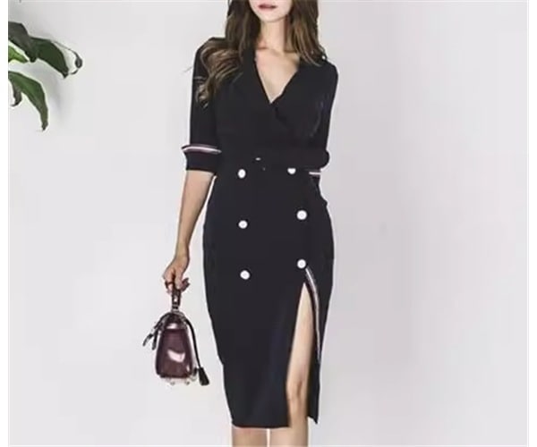 レディース ワンピース 膝丈 ミドル丈 5分袖 Vネック タイト スリム 細身 ベルト ウエストマーク スリット ファスナー ハイウエスト ボタン かわいい 大人可愛い きれいめ おしゃれ かっこいい