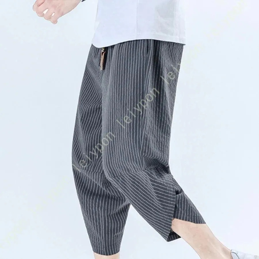 涼感 七分丈 コットンパンツ イージーパンツ ハーフパンツ メンズ レディース 綿パンツ スリット ひざ下 ストライプ ウェア サルエル クロップドパンツ