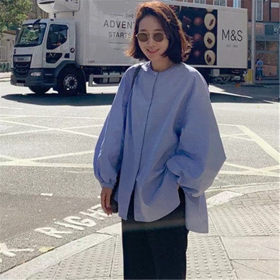 シャツ ブラウス ルーズ ランタンスリーブ メンズライク ボトミングトップ ラウンドネック