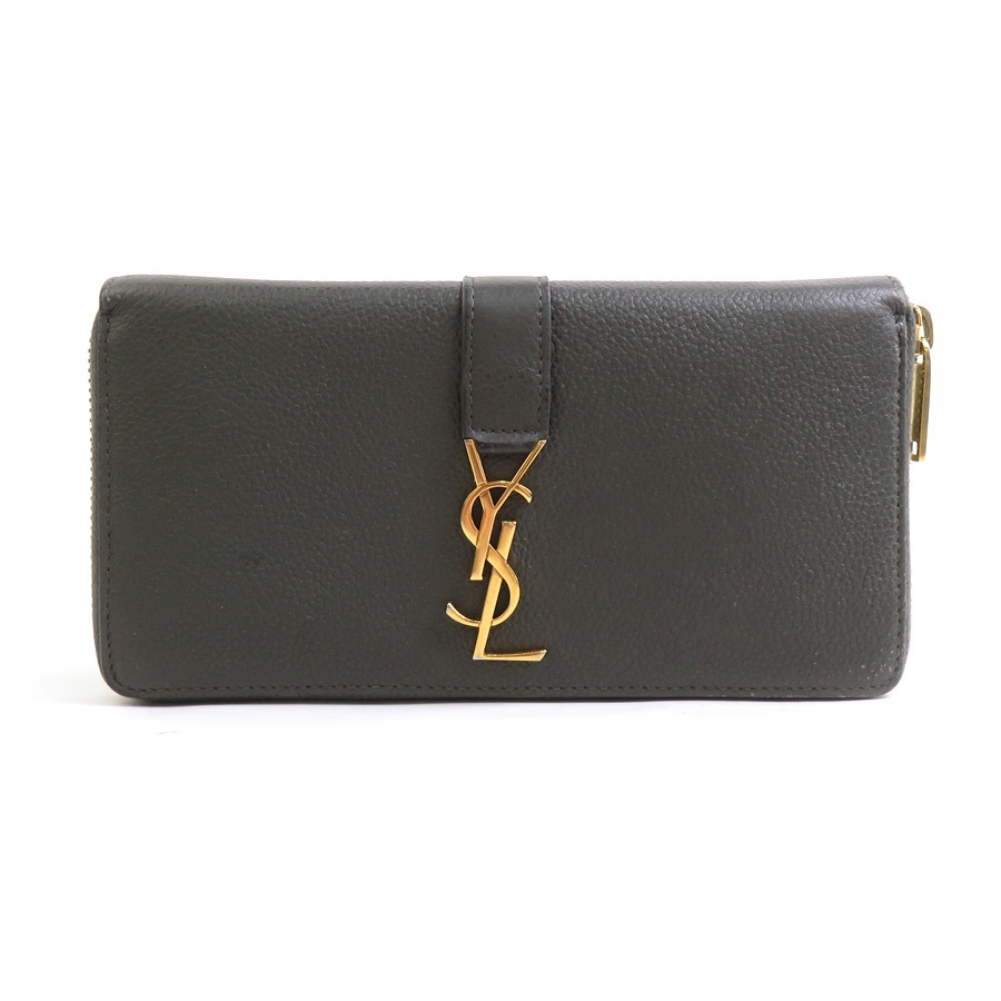 サンローラン SAINT LAURENT ラウンドファスナー長財布 レザー カーキブラウン ゴールド ユニセックス r10683a