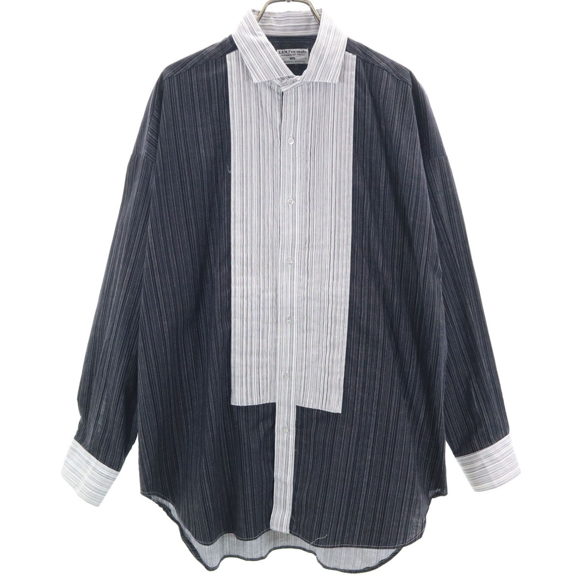 L&M FORMALS 70s ヴィンテージ ストライプ柄 長袖 ツートンカラー プリーツ ドレスシャツ グレー メンズ 古着