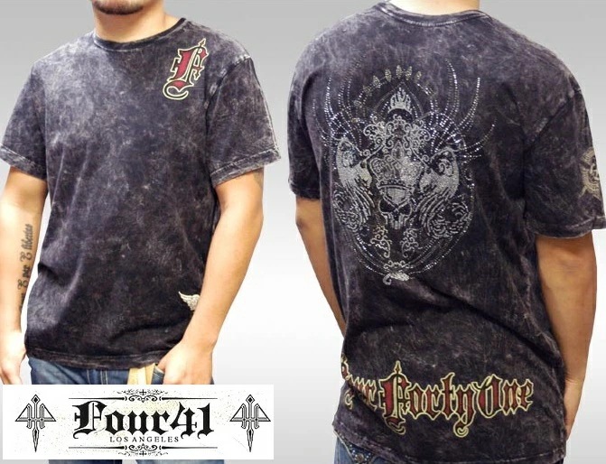 Four41 Los Angeles フォーフォーティーワン メンズ ラインストーン Tシャツ キングスカル ブラック M-24 スワロフスキー インポート セレブ ブランド ストリート LAセレブ