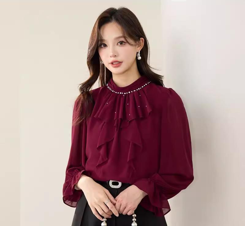 シフォンシャツ ブラウス レディース 春 上品 女性 カジュアル フリル 長袖 プルオーバー スタンドカラー 通勤 オフィス 薄手 軽量 柔らかい トップス お腹カバー スリムフィット