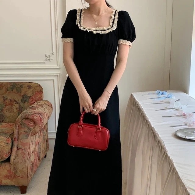 2024春夏ワンピースドレスロング丈Aライン半袖レースゆったり夏黒ブラックおしゃれかわいいガーリーキュート甘めきれいめ韓国ファッションレディー