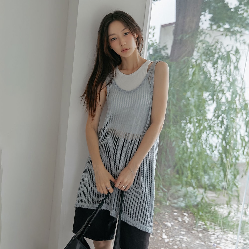 フィッシャーコットンネットニットスリーブレスワンピース