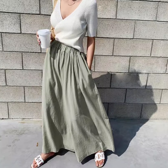 レディース パンツ ボトムス ワイドパンツ ロング ワイド フレア フェミニン ウエストゴム リネン 麻 大人可愛い シンプル カジュアル 上品 おしゃれ こなれ感 ラフ 主役級 存在感 ベーシック