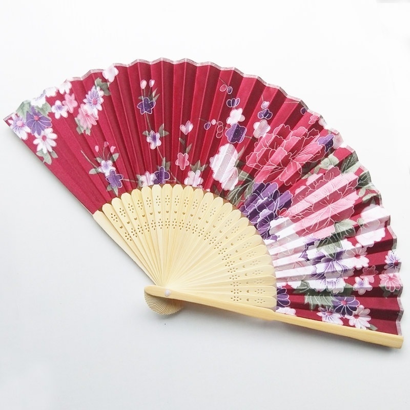 【1つ買うと20つ無料】ファン竹花花の折りたたみファンポータブル折りたたみファンシルクファンワインレッド